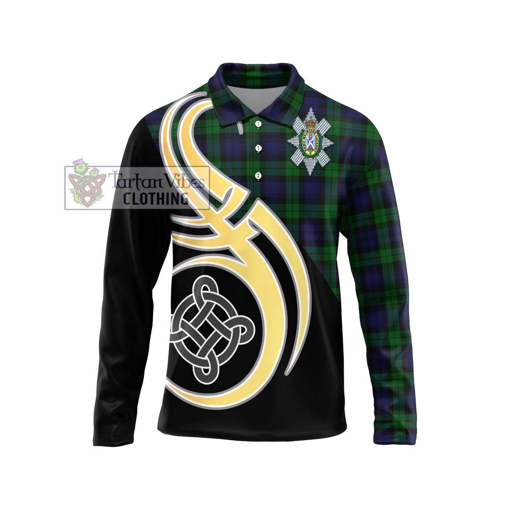 Black Watch Tartan Long Sleeve Polo Shirt with Family Crest and Celtic Symbol Style Unisex - Tartan Vibes Clothing