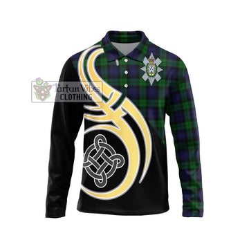 Black Watch Tartan Long Sleeve Polo Shirt with Family Crest and Celtic Symbol Style