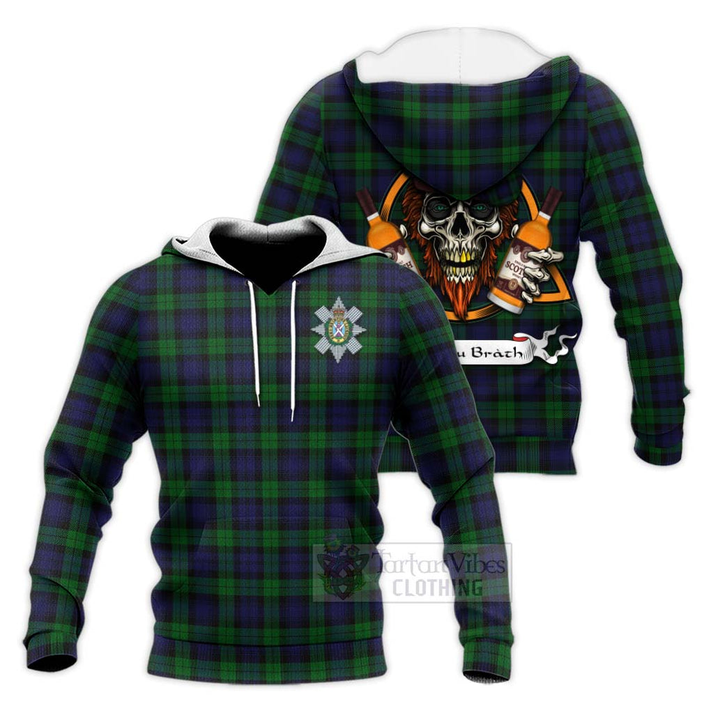 Tartan Vibes Clothing Black Watch Tartan Knitted Hoodie with Family Crest and Bearded Skull Holding Bottles of Whiskey