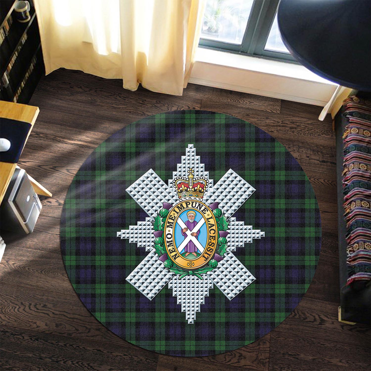 Black Watch Tartan Round Rug with Family Crest - Tartanvibesclothing