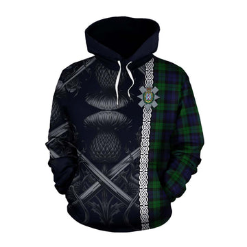 Black Watch Tartan Cotton Hoodie with Family Crest Cross Sword Thistle Celtic Vibes