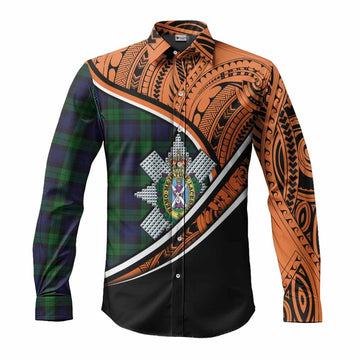 Black Watch Crest Tartan Long Sleeve Button Shirt with Polynesian Vibes Style - Orange Version