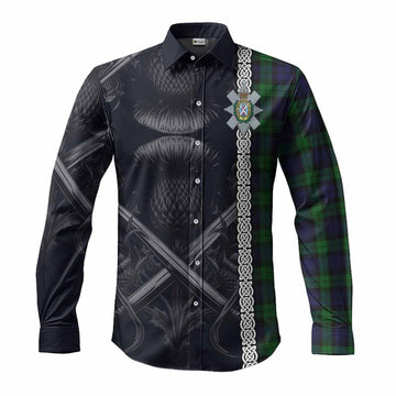 Black Watch Tartan Long Sleeve Button Shirt with Family Crest Cross Sword Thistle Celtic Vibes