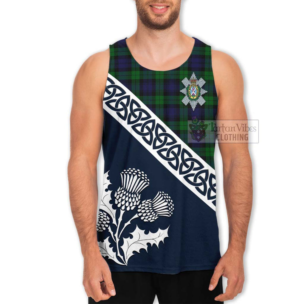 Tartan Vibes Clothing Black Watch Tartan Men's Tank Top Featuring Thistle and Scotland Map