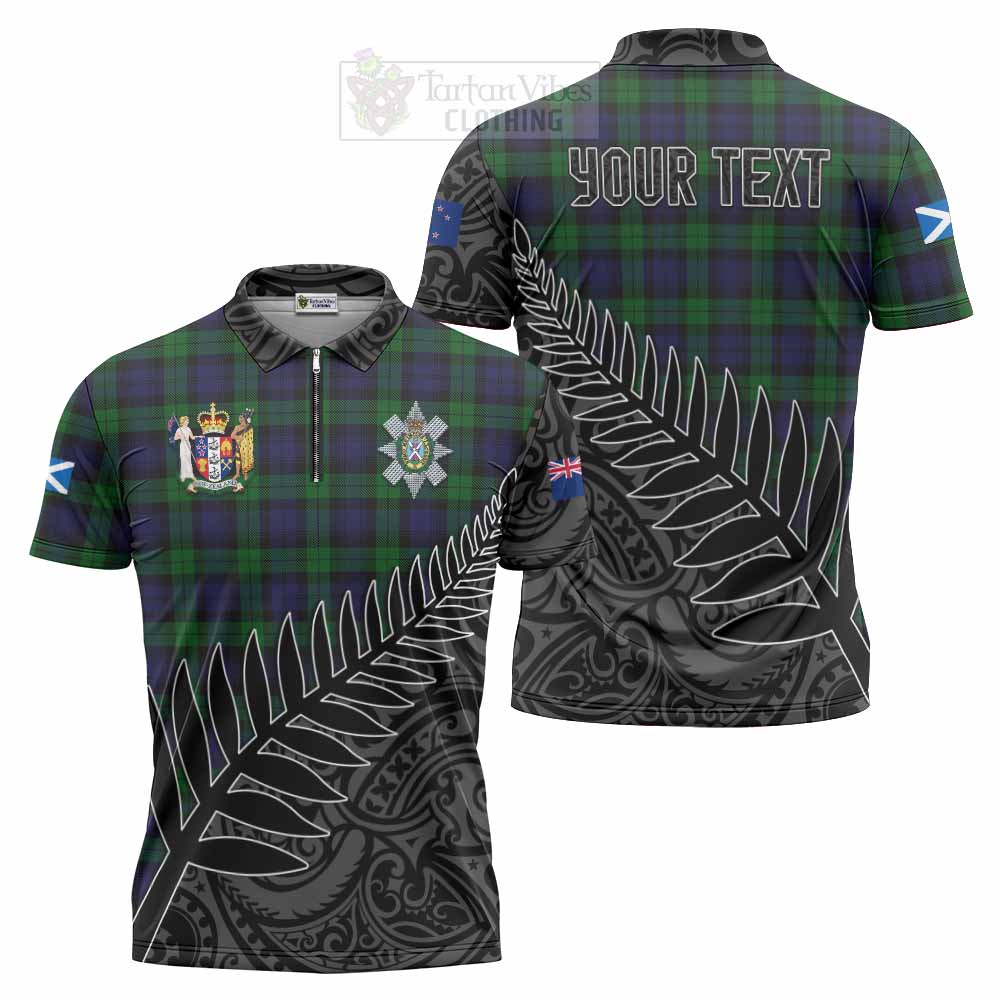 Tartan Vibes Clothing Black Watch Crest Tartan Zipper Polo Shirt with New Zealand Silver Fern Half Style