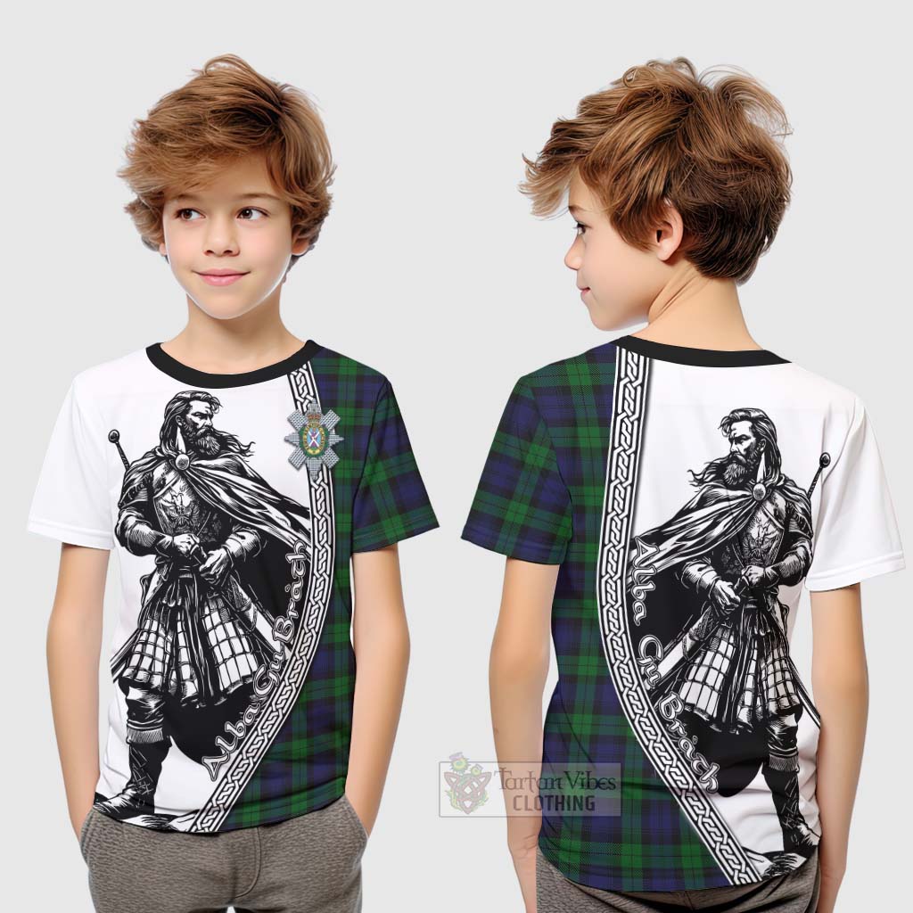 Tartan Vibes Clothing Black Watch Tartan Clan Crest Kid T-Shirt with Highlander Warrior Celtic Style