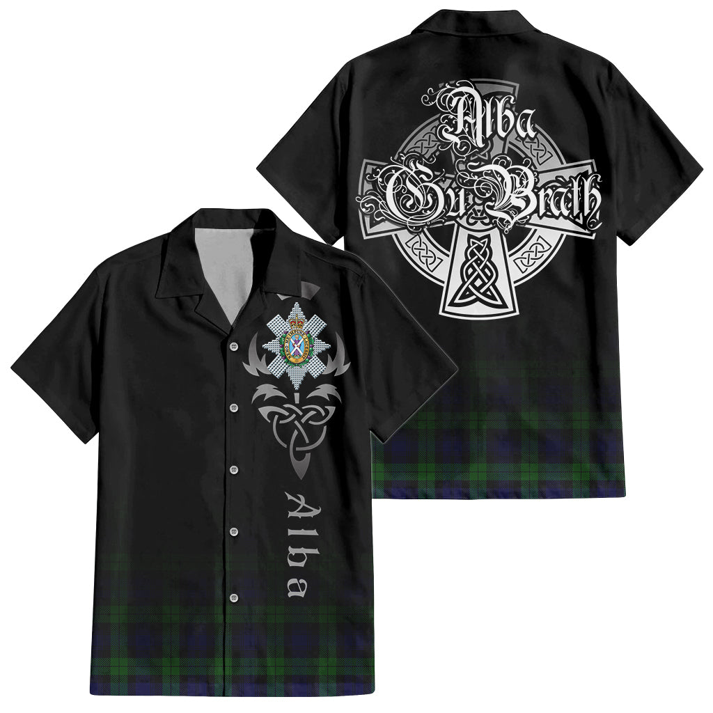 Tartan Vibes Clothing Black Watch Tartan Short Sleeve Button Up Featuring Alba Gu Brath Family Crest Celtic Inspired