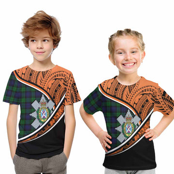 Black Watch Crest Tartan Kid T-Shirt with Polynesian Vibes Style - Orange Version