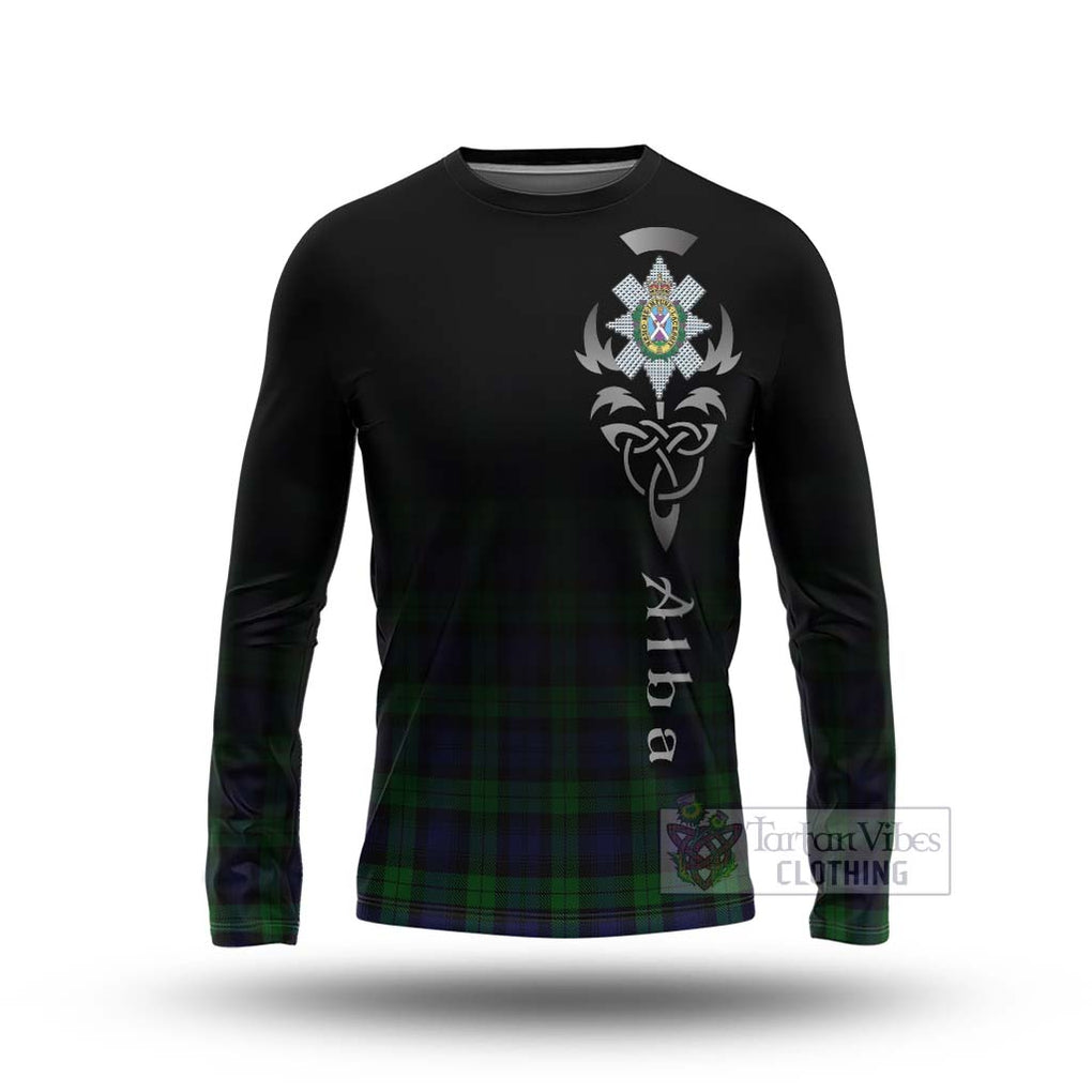 Tartan Vibes Clothing Black Watch Tartan Long Sleeve T-Shirt Featuring Alba Gu Brath Family Crest Celtic Inspired