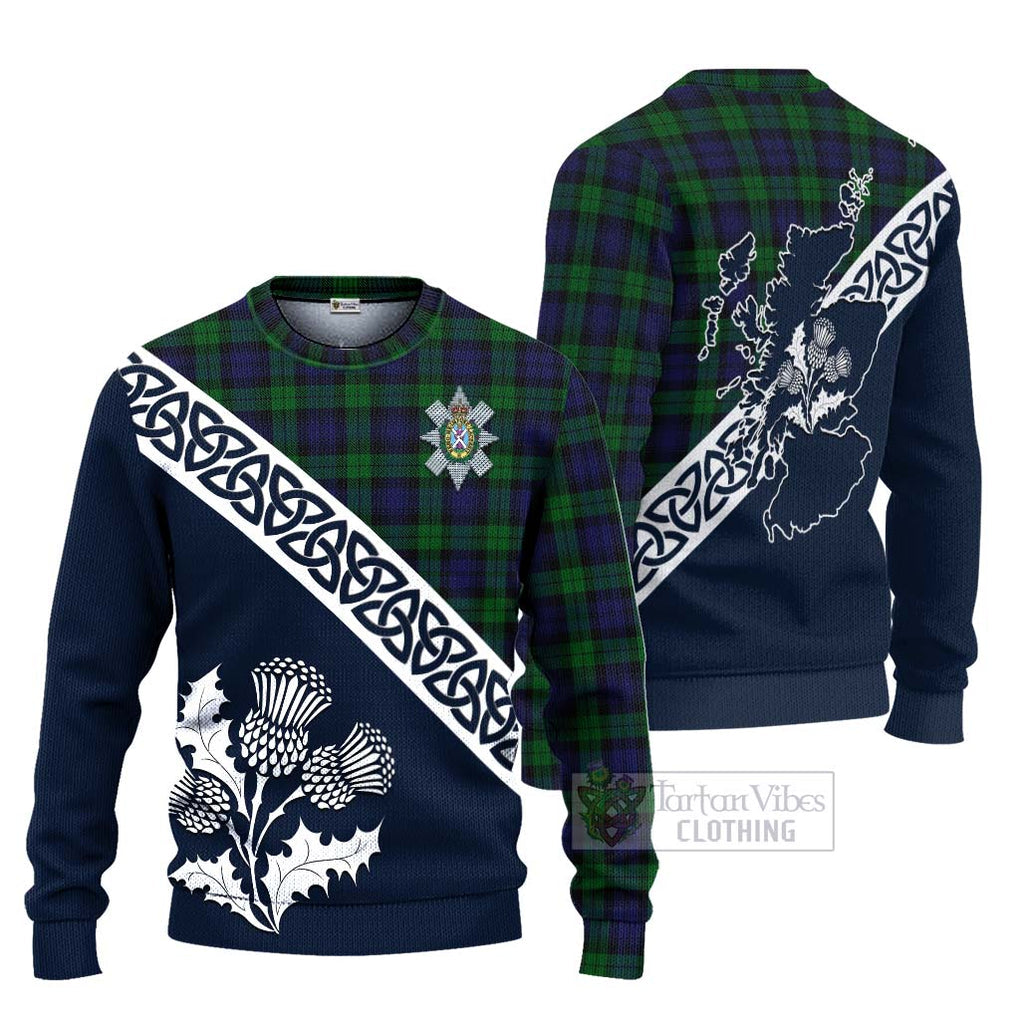 Tartan Vibes Clothing Black Watch Tartan Knitted Sweater Featuring Thistle and Scotland Map