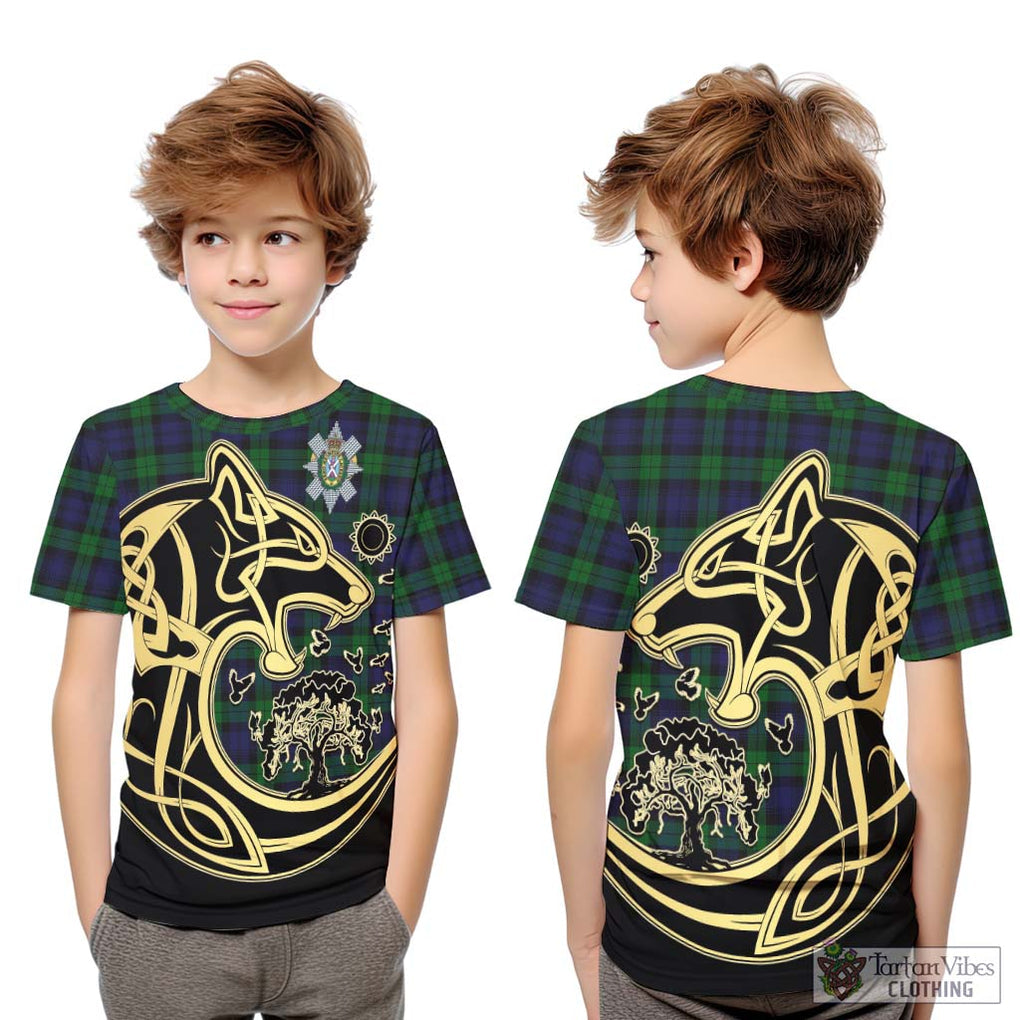 Black Watch Tartan Kid T-Shirt with Family Crest Celtic Wolf Style Youth XL Size14 - Tartan Vibes Clothing