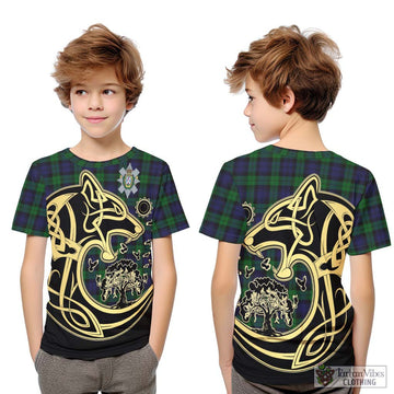 Black Watch Tartan Kid T-Shirt with Family Crest Celtic Wolf Style