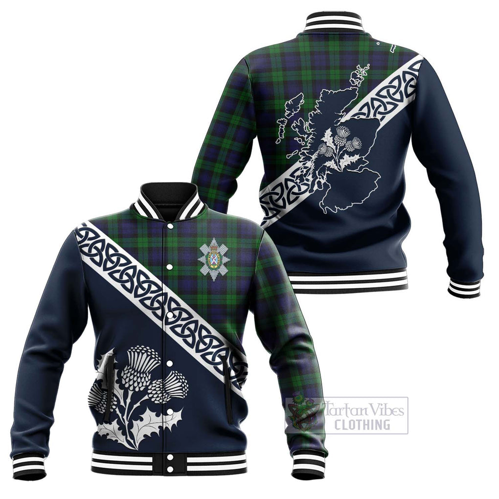 Tartan Vibes Clothing Black Watch Tartan Baseball Jacket Featuring Thistle and Scotland Map