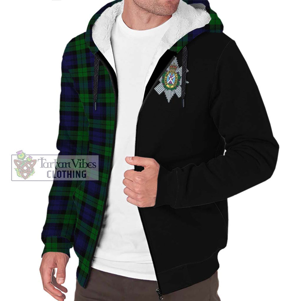 Black Watch Tartan Sherpa Hoodie with Family Crest and Half Of Me Style Unisex S - Tartanvibesclothing Shop