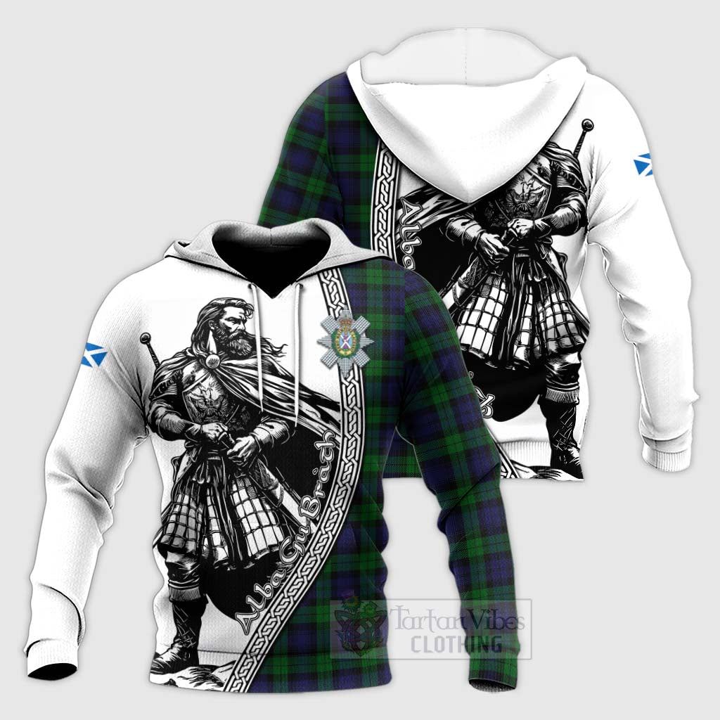 Tartan Vibes Clothing Black Watch Tartan Clan Crest Knitted Hoodie with Highlander Warrior Celtic Style