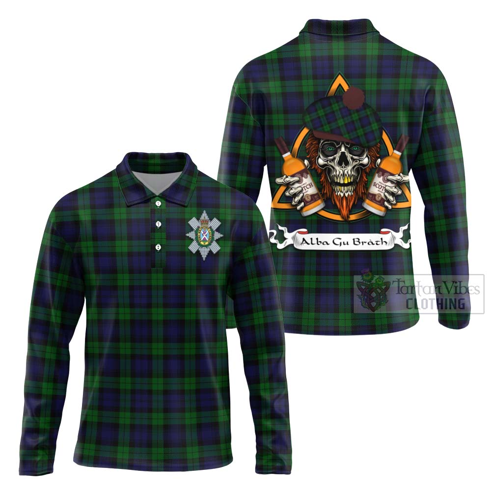 Tartan Vibes Clothing Black Watch Tartan Long Sleeve Polo Shirt with Family Crest and Bearded Skull Holding Bottles of Whiskey