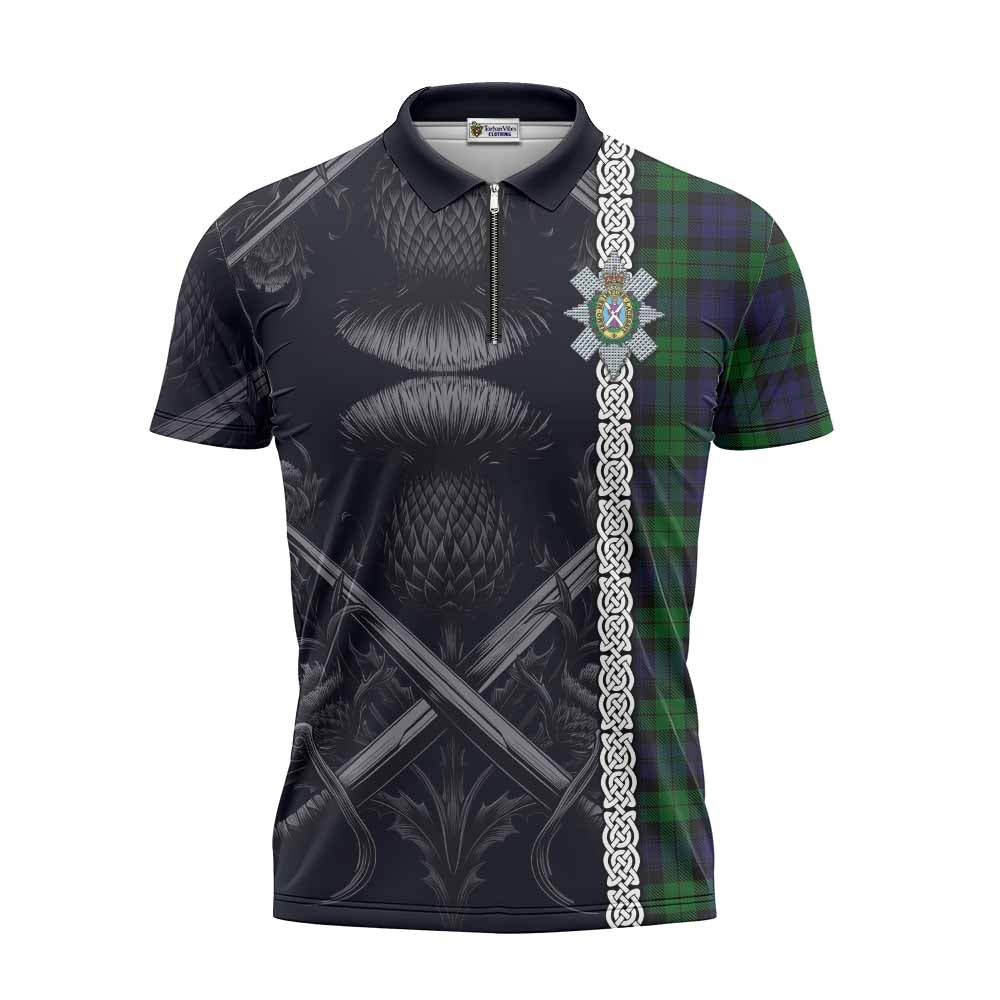 Tartan Vibes Clothing Black Watch Tartan Zipper Polo Shirt with Family Crest Cross Sword Thistle Celtic Vibes