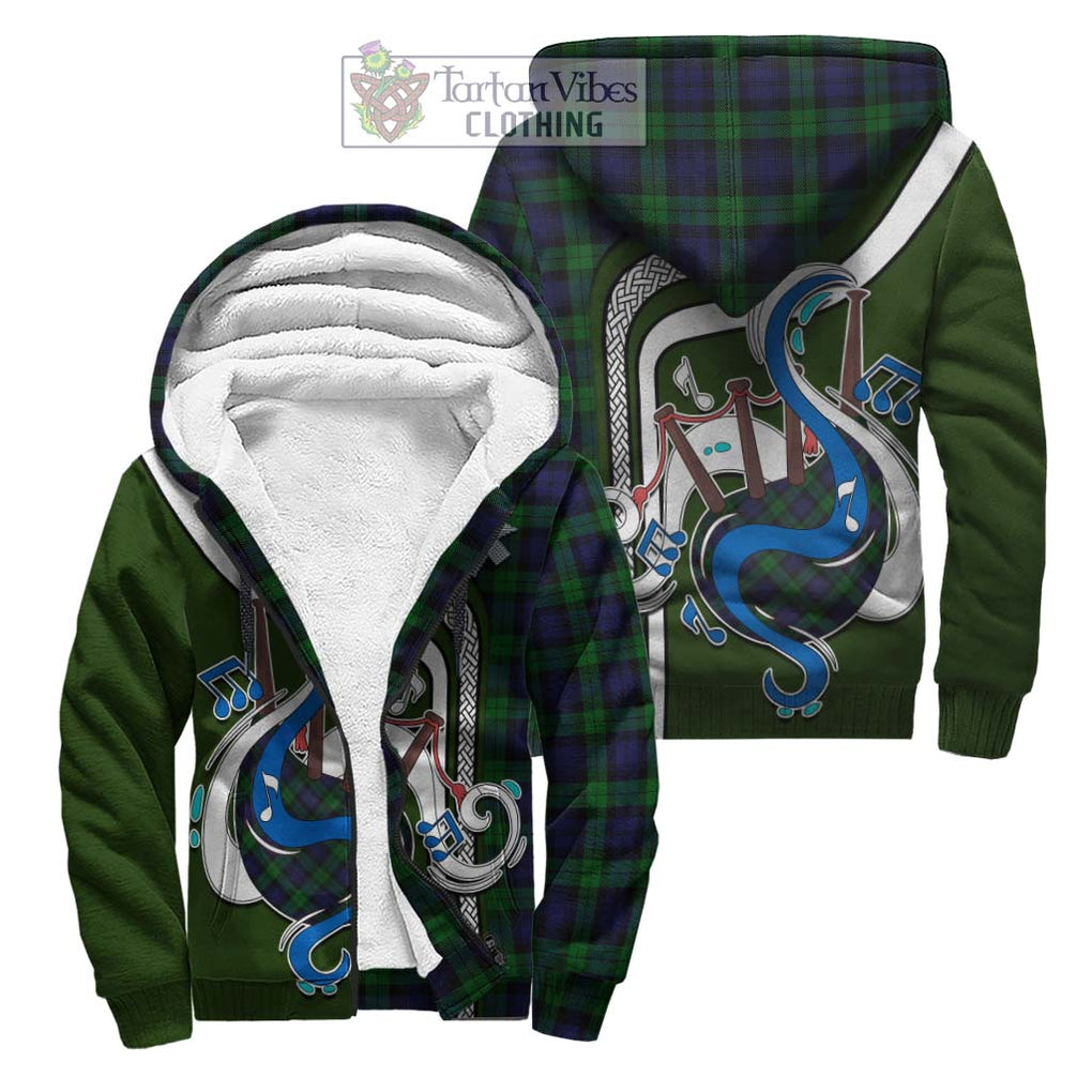 Black Watch Tartan Sherpa Hoodie with Epic Bagpipe Style Unisex S - Tartanvibesclothing Shop