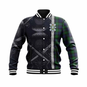 Black Watch Tartan Baseball Jacket with Family Crest Cross Sword Thistle Celtic Vibes