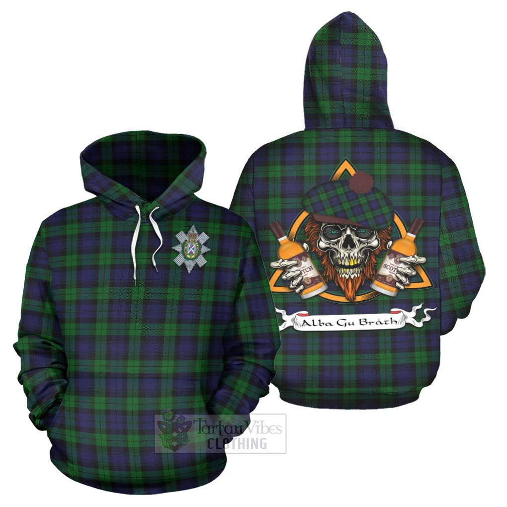 Tartan Vibes Clothing Black Watch Tartan Hoodie with Family Crest and Bearded Skull Holding Bottles of Whiskey