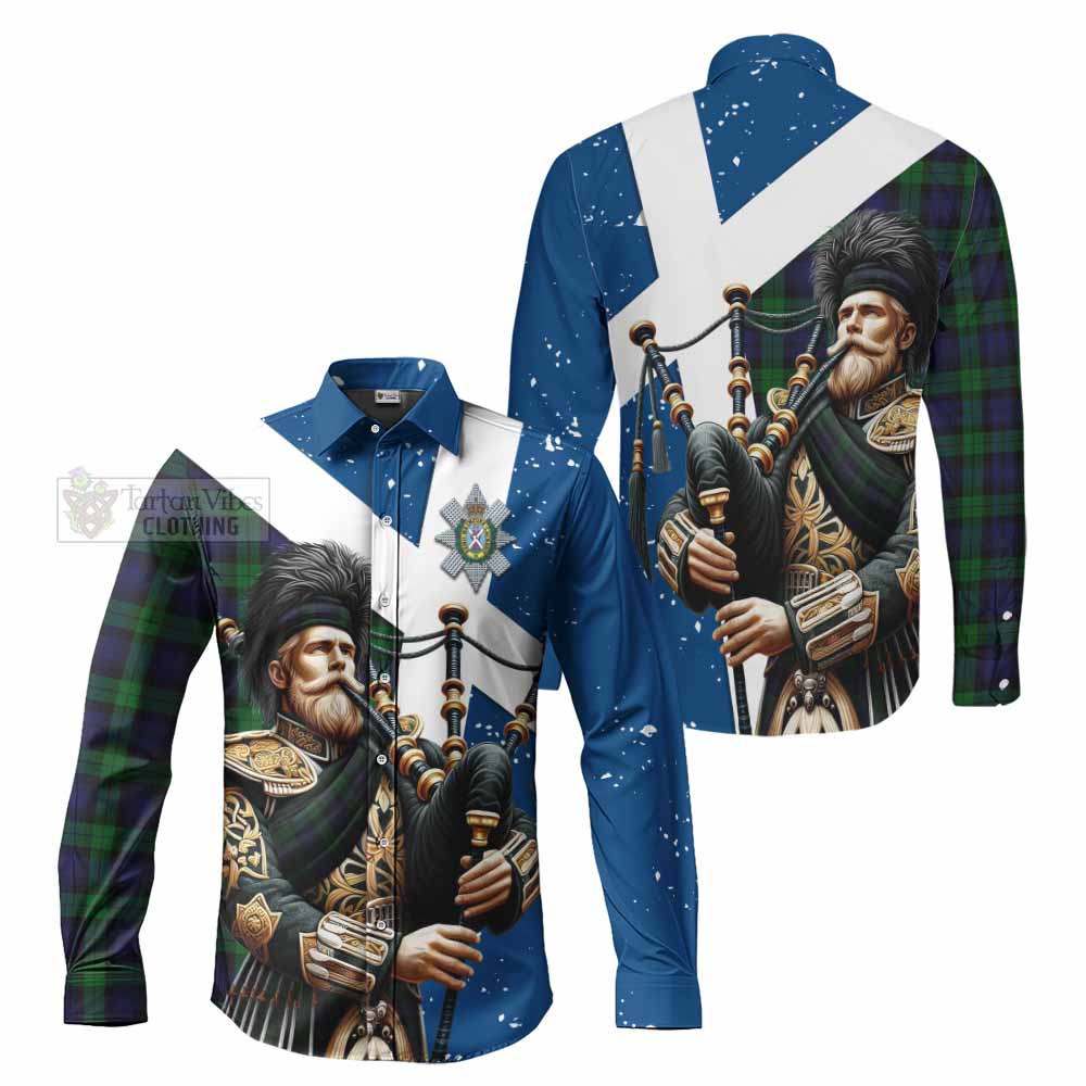 Tartan Vibes Clothing Black Watch Tartan Long Sleeve Button Shirt with Family Crest Scottish Bagpiper Vibes