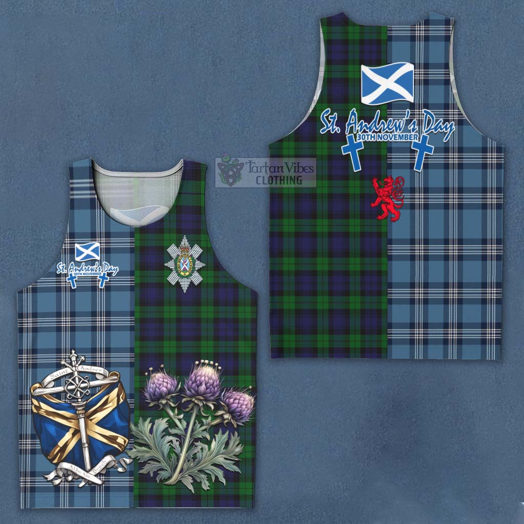 Tartan Vibes Clothing Black Watch Tartan Men's Tank Top Happy St. Andrew's Day Half Tartan Style