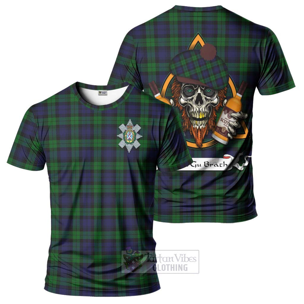 Tartan Vibes Clothing Black Watch Tartan T-Shirt with Family Crest and Bearded Skull Holding Bottles of Whiskey