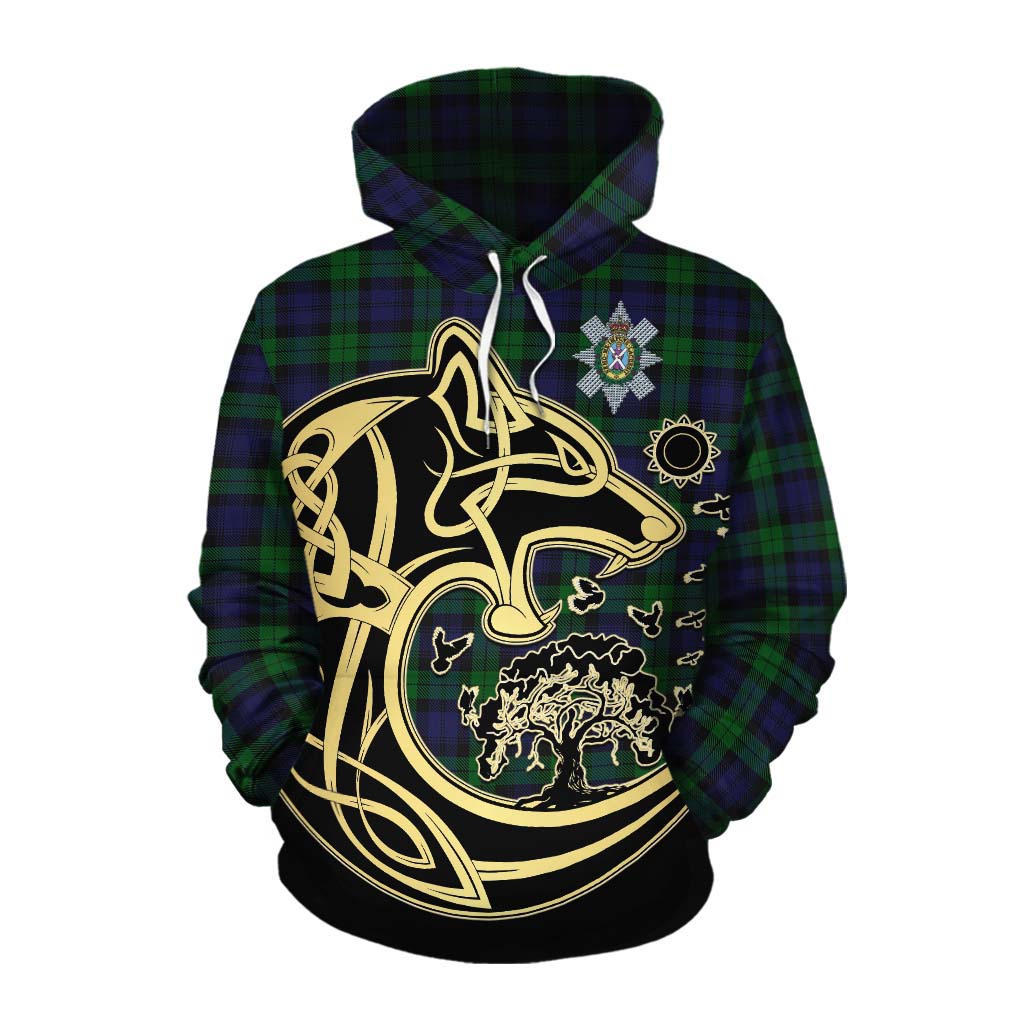 Tartan Vibes Clothing Black Watch Tartan Cotton Hoodie with Family Crest Celtic Wolf Style