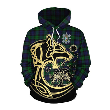 Black Watch Tartan Cotton Hoodie with Family Crest Celtic Wolf Style