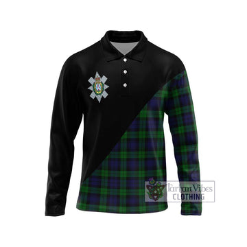 Black Watch Tartan Long Sleeve Polo Shirt with Family Crest and Military Logo Style