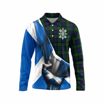 Black Watch Tartan Long Sleeve Polo Shirt with Family Crest Scotland Patriotic Style