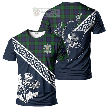 Black Watch Tartan T-Shirt Featuring Thistle and Scotland Map