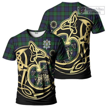 Black Watch Tartan T-Shirt with Family Crest Celtic Wolf Style