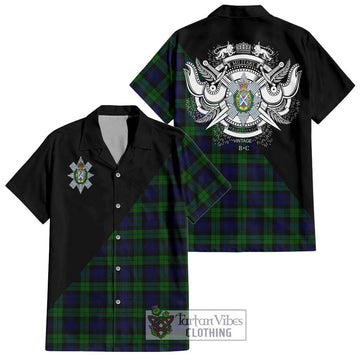 Black Watch Tartan Short Sleeve Button Shirt with Family Crest and Military Logo Style