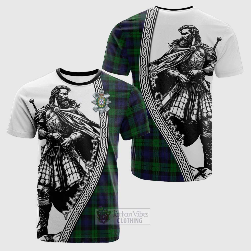 Tartan Vibes Clothing Black Watch Tartan Clan Crest Cotton T-shirt with Highlander Warrior Celtic Style