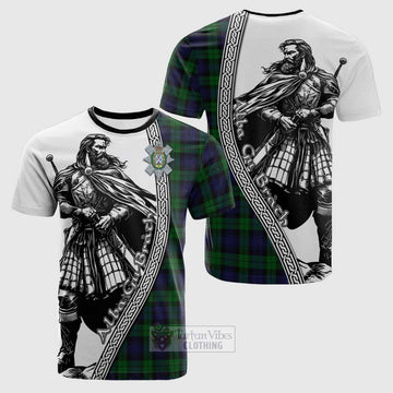 Black Watch Tartan Clan Crest Cotton T-shirt with Highlander Warrior Celtic Style