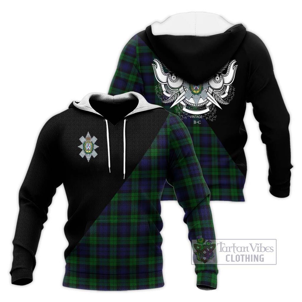 Black Watch Tartan Knitted Hoodie with Family Crest and Military Logo Style Unisex Knitted Pullover Hoodie - Tartanvibesclothing Shop