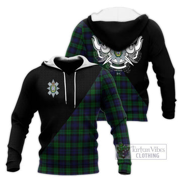 Black Watch Tartan Knitted Hoodie with Family Crest and Military Logo Style