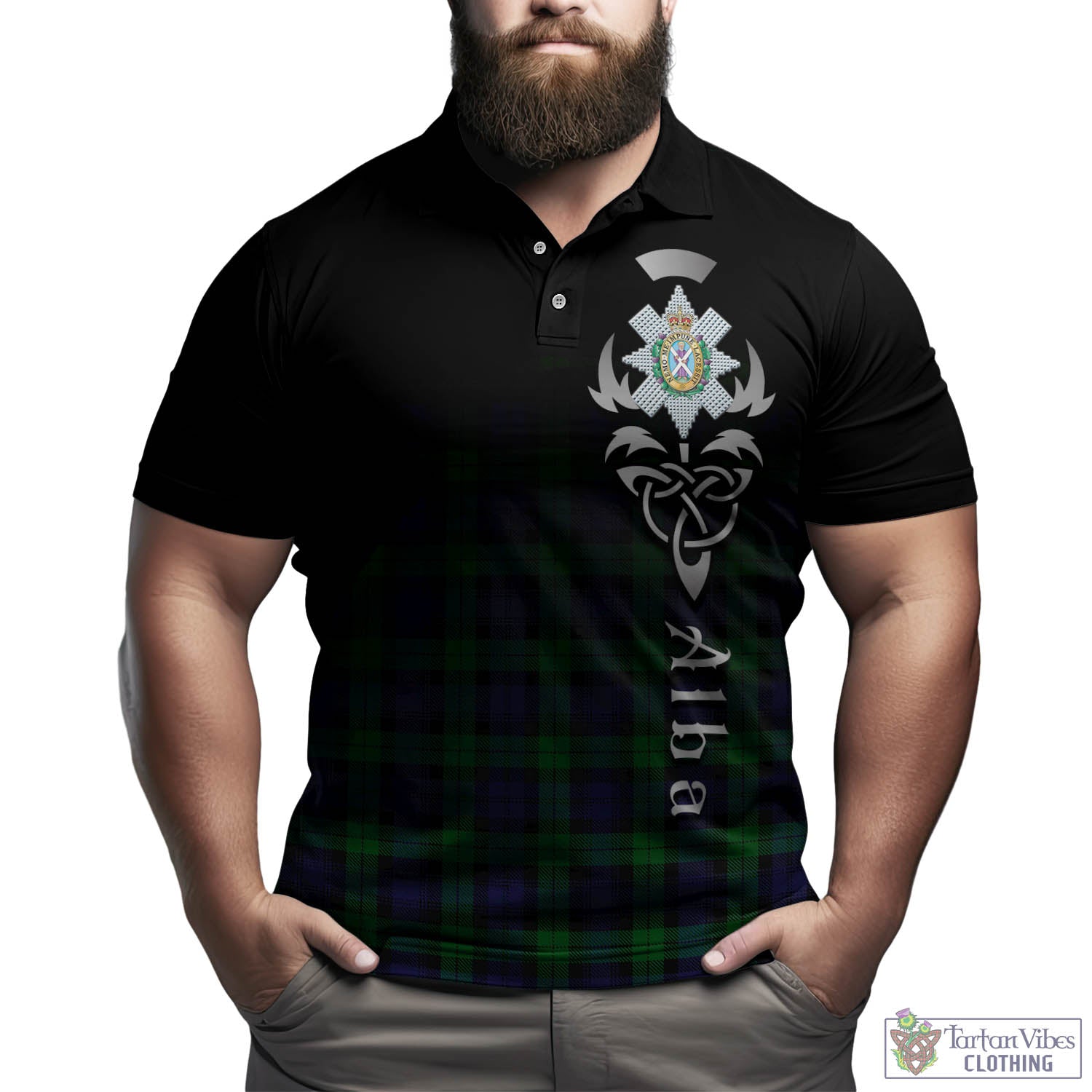 Tartan Vibes Clothing Black Watch Tartan Polo Shirt Featuring Alba Gu Brath Family Crest Celtic Inspired