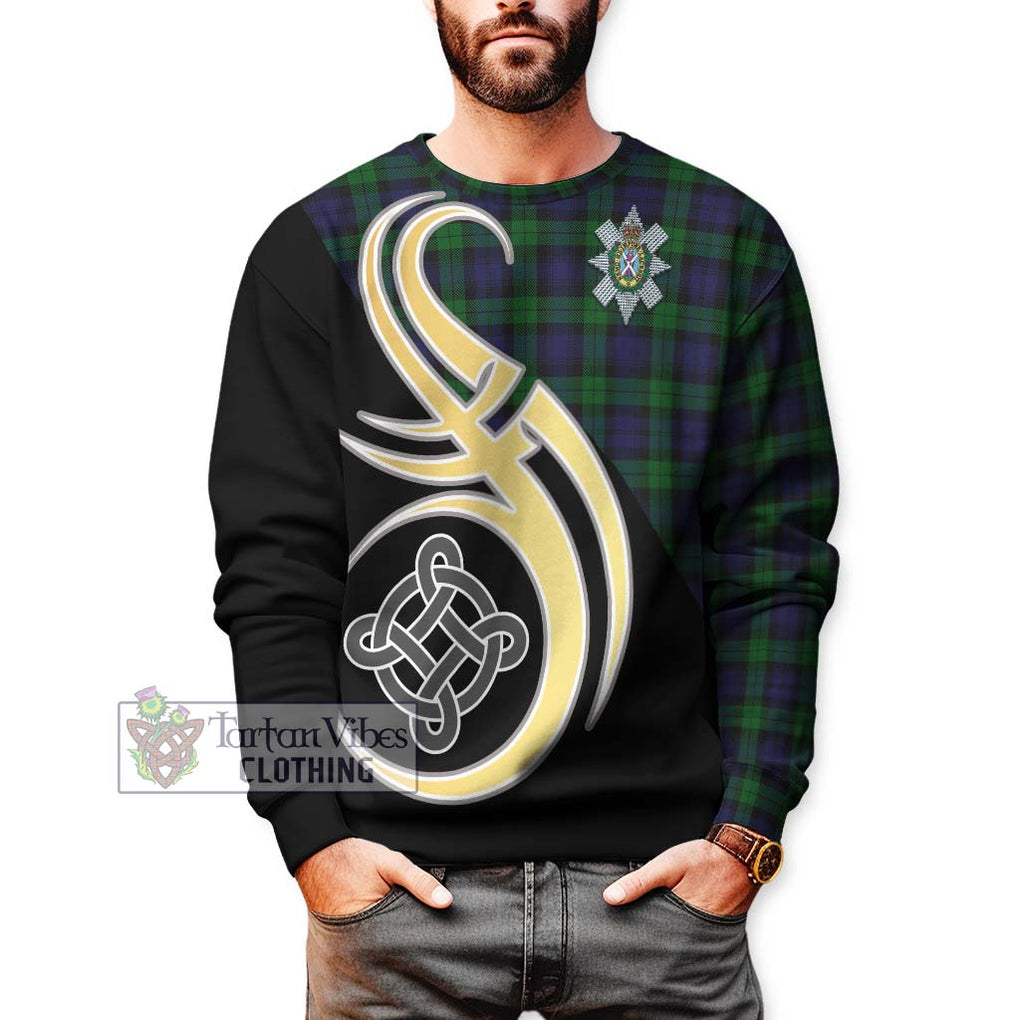 Black Watch Tartan Sweatshirt with Family Crest and Celtic Symbol Style Unisex - Tartan Vibes Clothing