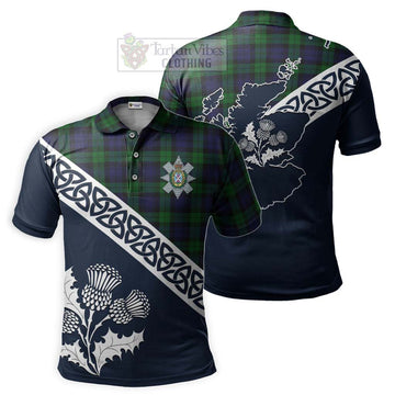 Black Watch Tartan Polo Shirt Featuring Thistle and Scotland Map