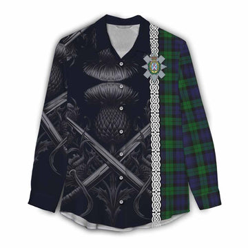 Black Watch Tartan Women's Casual Shirt with Family Crest Cross Sword Thistle Celtic Vibes