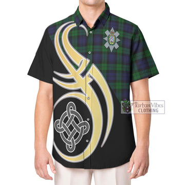 Black Watch Tartan Short Sleeve Button Shirt with Family Crest and Celtic Symbol Style