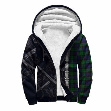 Black Watch Tartan Sherpa Hoodie with Family Crest Cross Sword Thistle Celtic Vibes