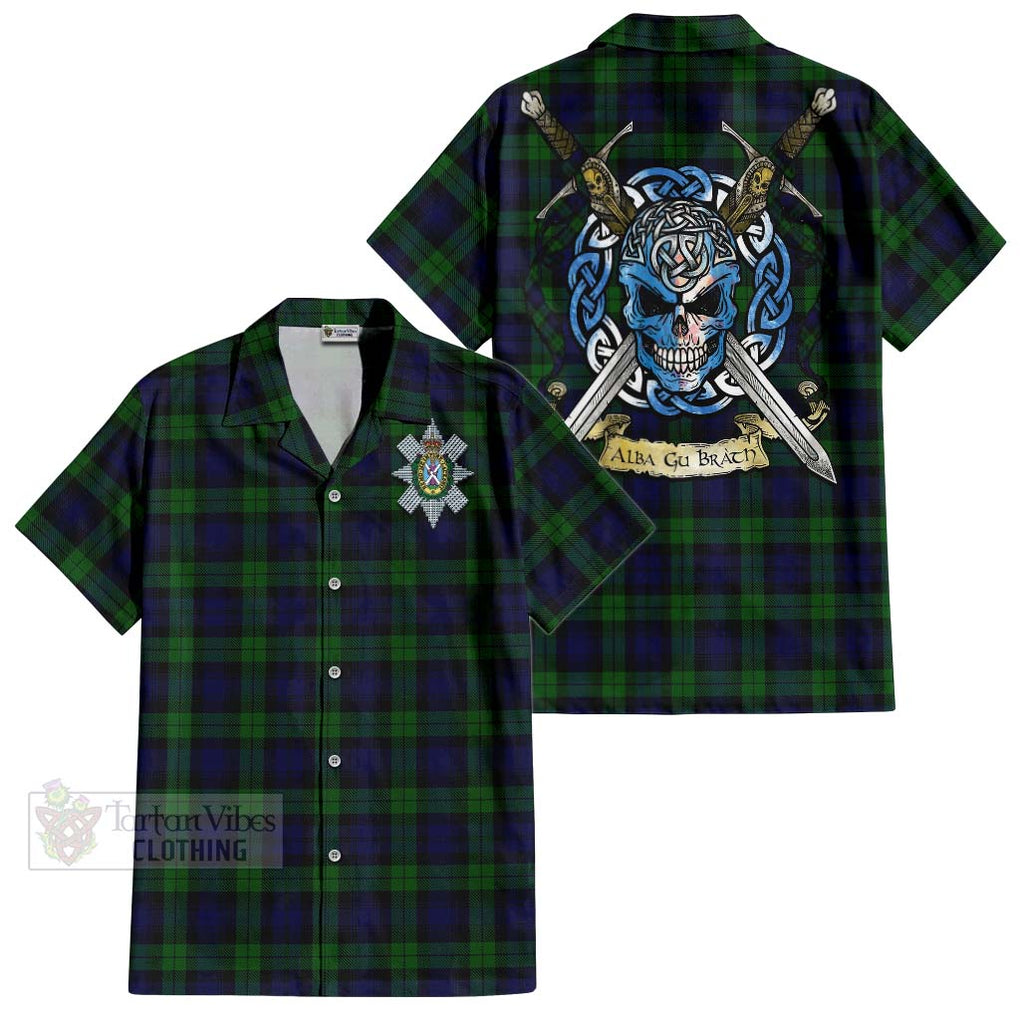 Tartan Vibes Clothing Black Watch Tartan Short Sleeve Button Shirt with Family Crest Celtic Skull Style