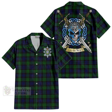 Black Watch Tartan Short Sleeve Button Shirt with Family Crest Celtic Skull Style