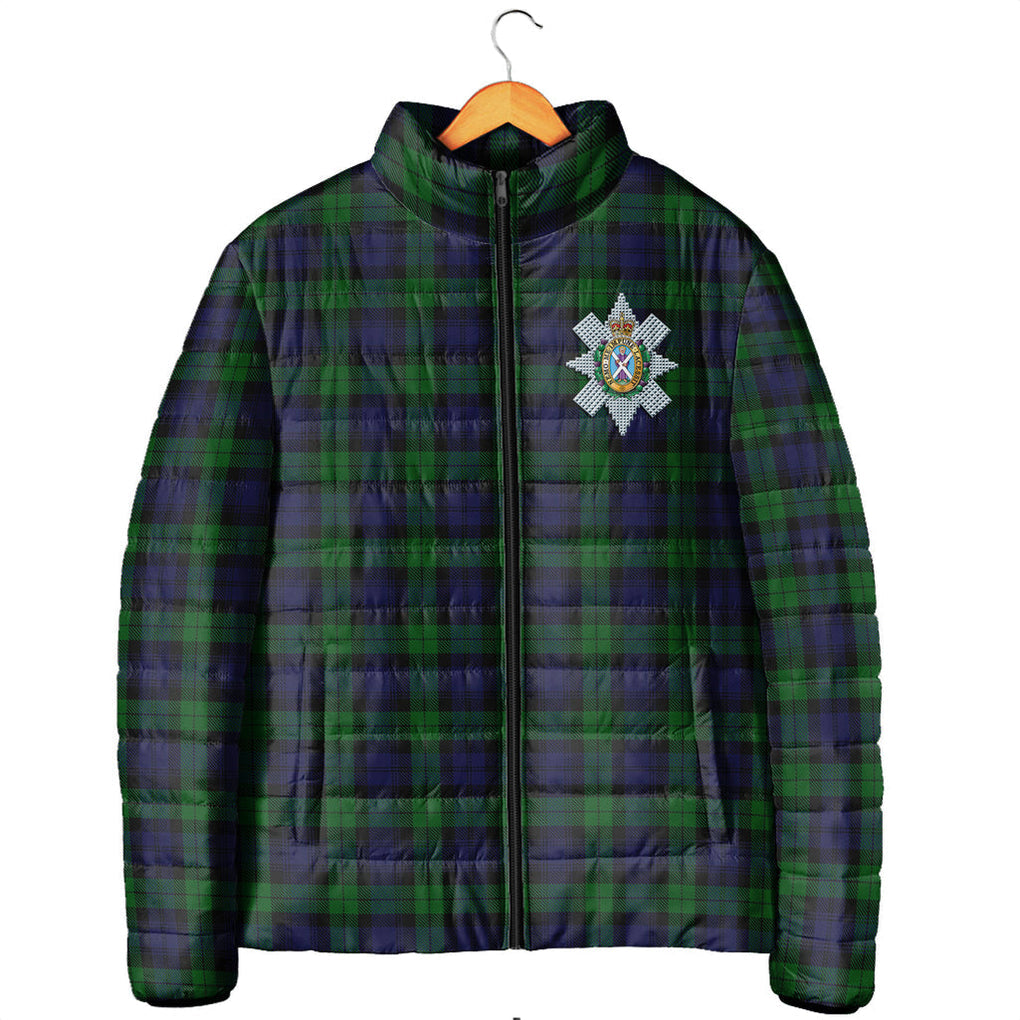 Black Watch Tartan Padded Jacket with Family Crest Men's Padded Jacket - Tartan Vibes Clothing