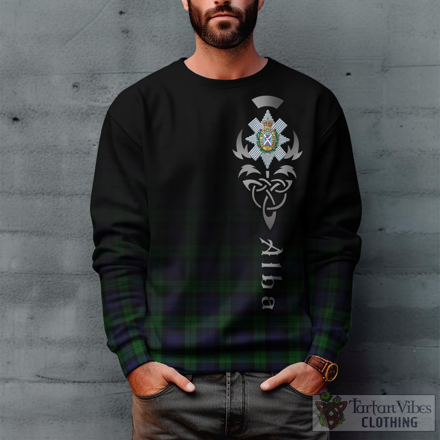 Tartan Vibes Clothing Black Watch Tartan Sweatshirt Featuring Alba Gu Brath Family Crest Celtic Inspired