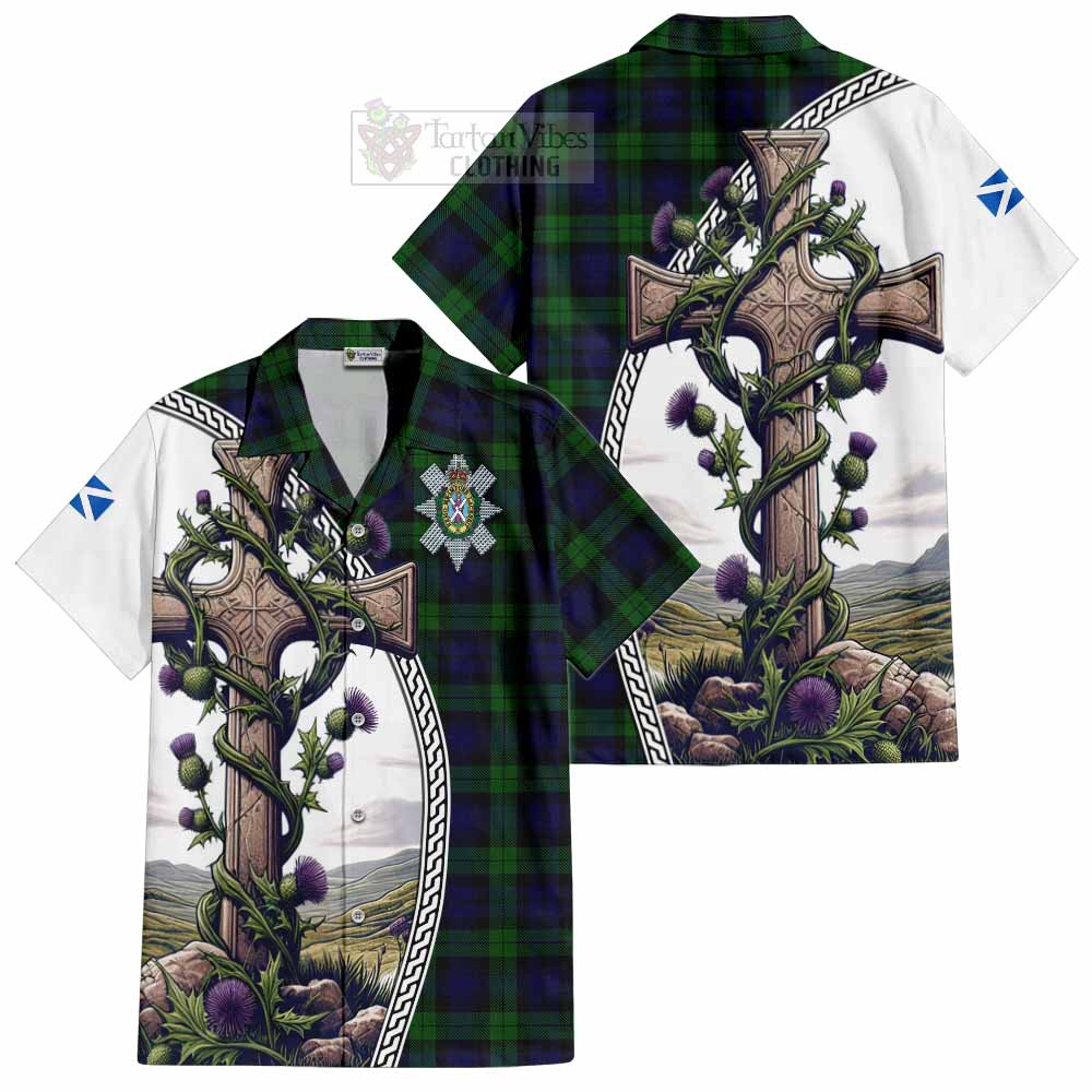 Tartan Vibes Clothing Black Watch Tartan Short Sleeve Button Shirt with Family Crest and St. Andrew's Cross Accented by Thistle Vines