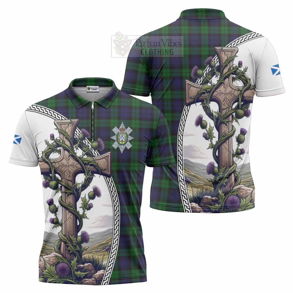 Tartan Vibes Clothing Black Watch Tartan Zipper Polo Shirt with Family Crest and St. Andrew's Cross Accented by Thistle Vines